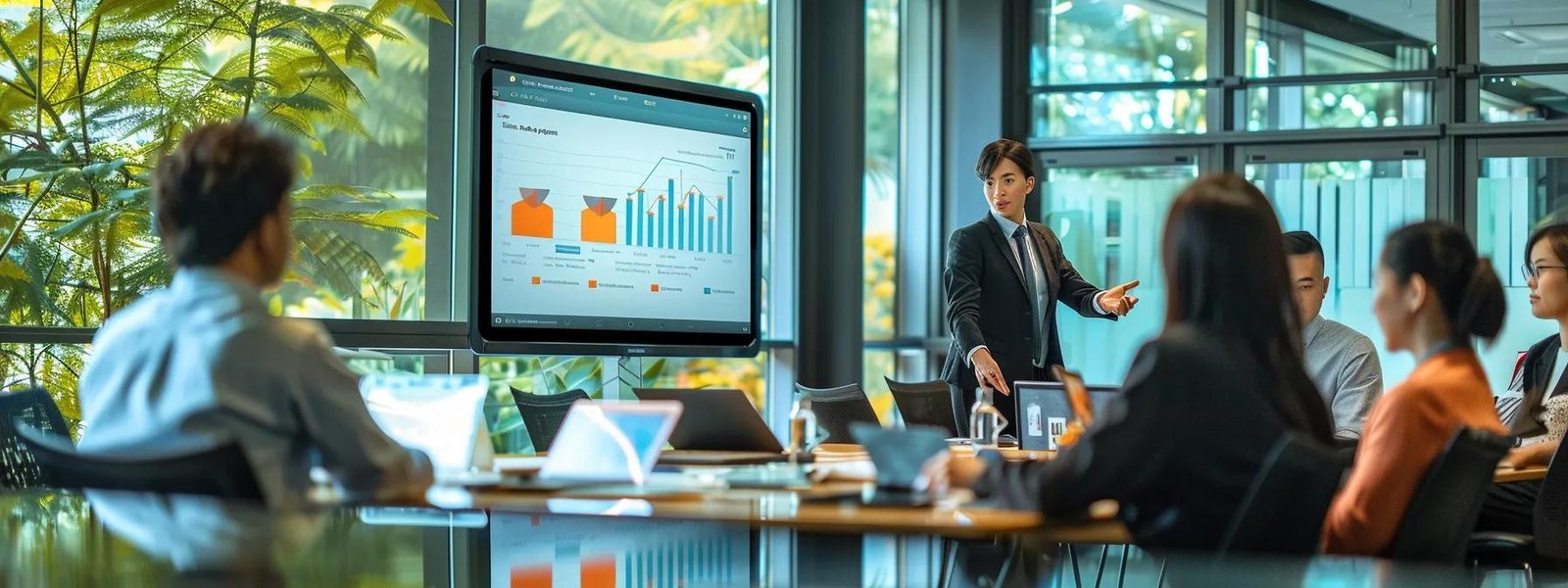 a focused, modern office meeting room showcases a confident business professional presenting various enforcement strategies against a company judgment on a large screen, with an atmosphere of determination and strategic planning.
