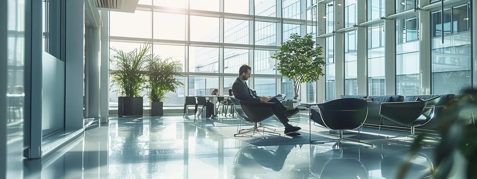 a sharply contrasted office environment showcases a focused business professional engaged in a discussion over clear financial documents, emphasising proactive strategies for effective debt management amidst polished glass and sleek modern furniture.