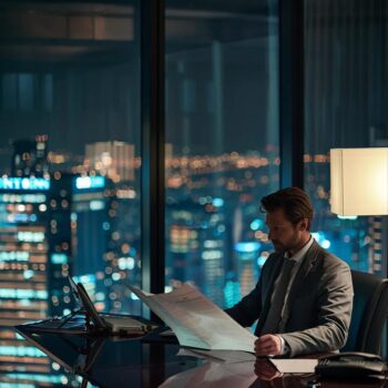 a sleek modern office is portrayed, featuring a confident private detective examining a detailed dossier under focused office lighting, with a cityscape visible through large windows, emphasizing professionalism and attention to detail.
