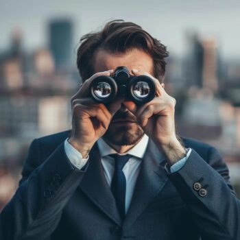 Private investigator observing discreetly in an urban environment, representing affordable investigation services