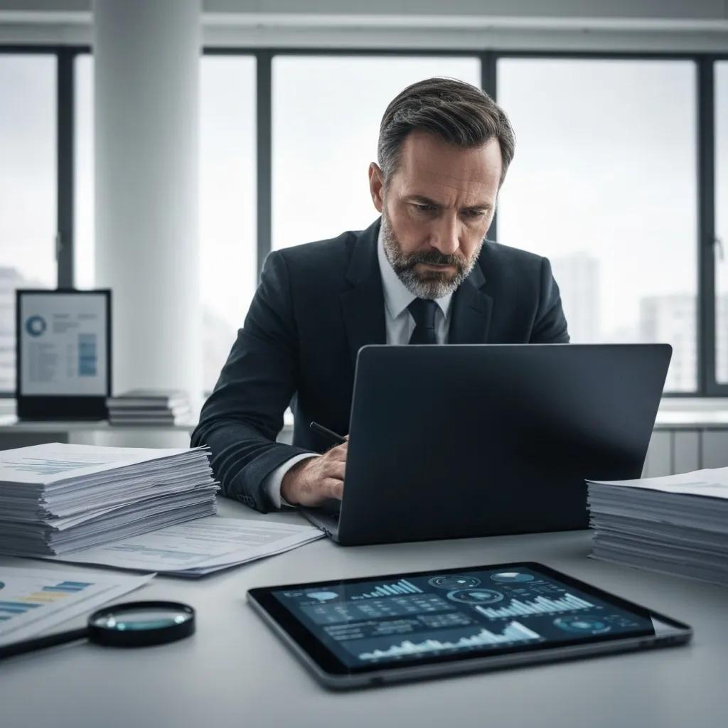 Investigator analyzing documents and digital data in a corporate office setting