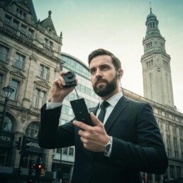 Private investigator in Birmingham using surveillance equipment in an urban setting