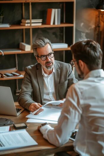 Private investigator consulting with a client in a professional office, highlighting the theme of expert advice and confidentiality