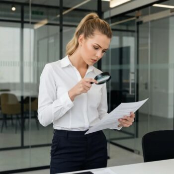 Insurance investigator reviewing documents in a professional office setting