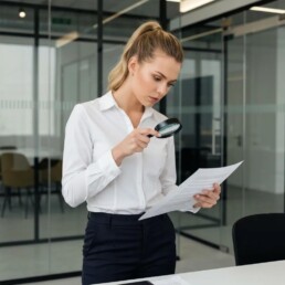 Insurance investigator reviewing documents in a professional office setting
