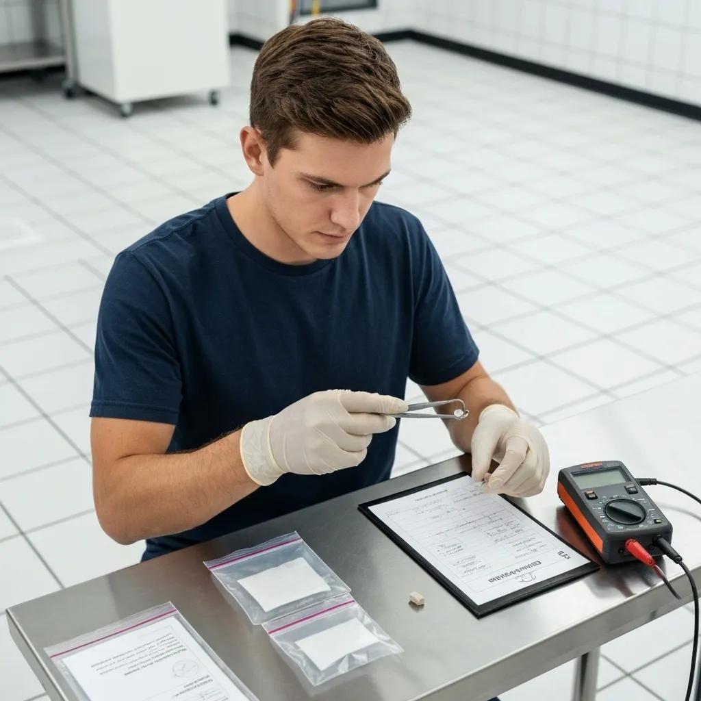 A forensic investigator carefully handling a piece of evidence within a controlled, secure environment