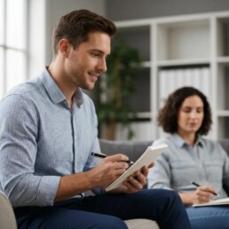 Local private investigator discussing case details with a client in a professional setting