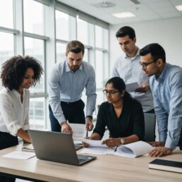 Team of investigators collaborating on fraud analysis in a modern office