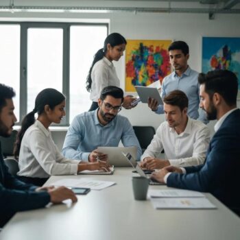Diverse professionals discussing data protection and privacy compliance in a modern office