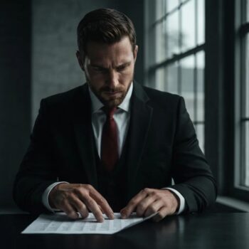 Private investigator reviewing background check documents in a modern London office