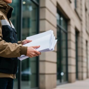 Process server delivering legal documents in an urban setting, highlighting professionalism and discretion