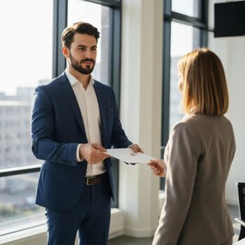 A professional process server handing over legal documents within an office environment