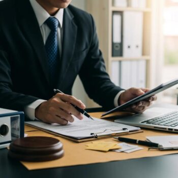 Private investigator examining legal documents in a modern office