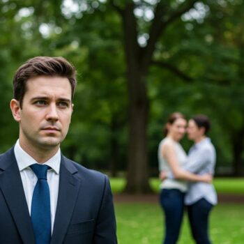 Private investigator observing a couple in a park, highlighting discretion and professionalism