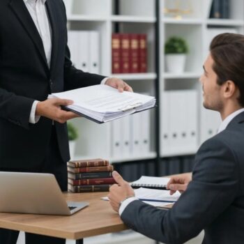 Professional process server handing legal documents to a recipient in a modern office environment