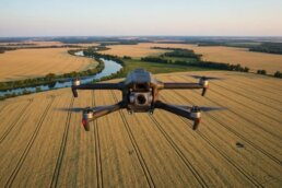 Drone flying over a scenic UK landscape representing ethical drone surveillance