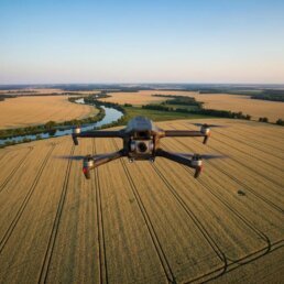 Drone flying over a scenic UK landscape representing ethical drone surveillance