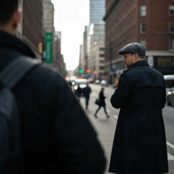 Private investigator observing a subject in an urban environment, representing expert surveillance services