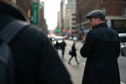 Private investigator observing a subject in an urban environment, representing expert surveillance services