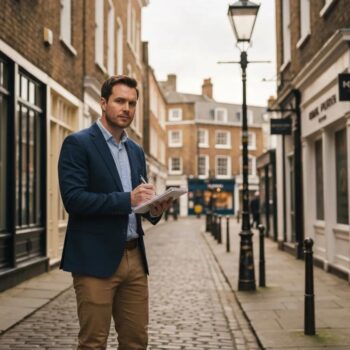 Private investigator observing a public area in the UK, representing professionalism and confidentiality