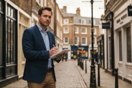 Private investigator observing a public area in the UK, representing professionalism and confidentiality