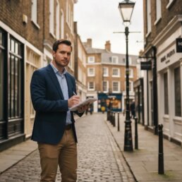 Private investigator observing a public area in the UK, representing professionalism and confidentiality