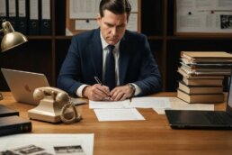 Private investigator analyzing case files and using technology in a cozy office setting