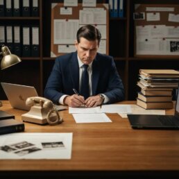 Private investigator analyzing case files and using technology in a cozy office setting