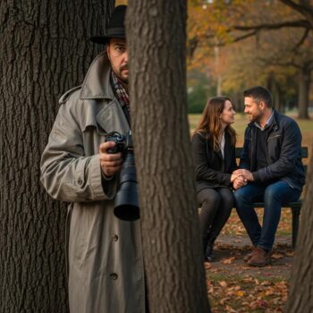 Private investigator discreetly observing a couple in a park, symbolizing infidelity investigations