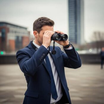 Private investigator using surveillance equipment in an urban West Midlands setting