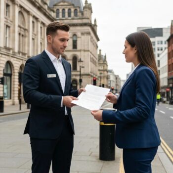 Process server delivering legal documents in Cardiff, showcasing professionalism and trust