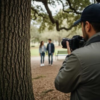 Professional investigator discreetly observing a couple in a park, capturing evidence