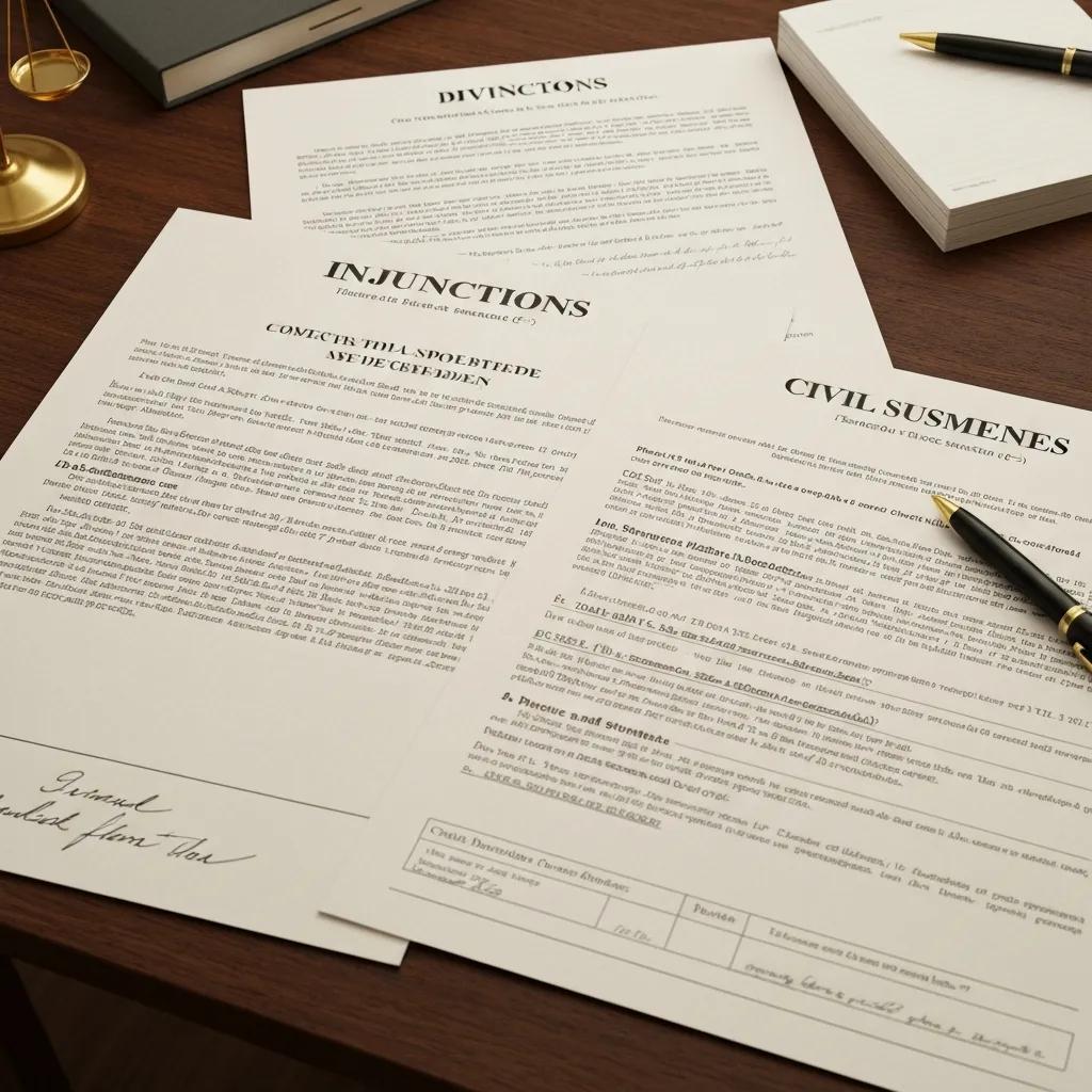 Stack of legal papers including family and injunction documents