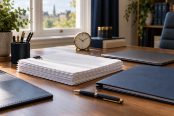 Legal papers, a navy folder and a clock arranged on a desk.