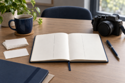 An open notebook, index cards and a camera on a meeting table.
