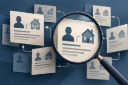 Illustration of a magnifying glass examining linked identity and address records.